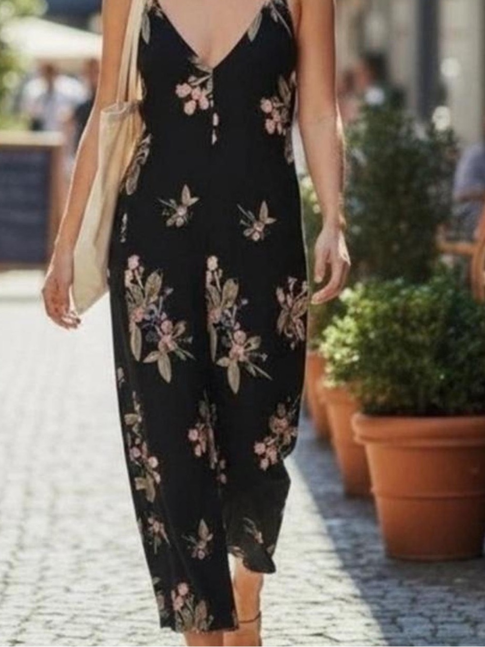 Free People Black Floral, berries, Wide-Leg Jumpsuit, Summer, Edgy, Streetwear